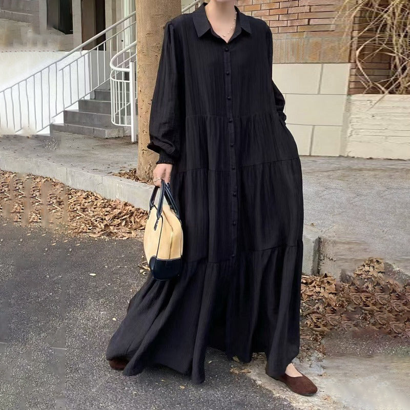 【ワンピース】7カラー 韓国風 ゆったり 大きめサイズ シングルボタン エレガント 長袖ワンピース