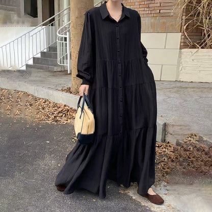 【ワンピース】7カラー 韓国風 ゆったり 大きめサイズ シングルボタン エレガント 長袖ワンピース