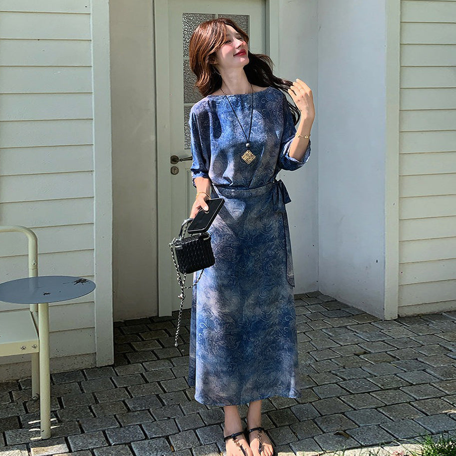 【ワンピース】ブルー 長袖ワンピース 夏新作 グラデーションプリント チャイナ風 デザインウエストリボン Aライン ロング丈【SHシリーズ】