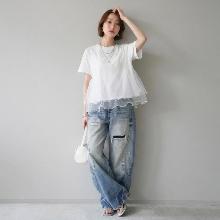 【トップス】Tシャツ 夏 シアー切替 メッシュ 立体デザイン クルーネック きれいめ 通勤 カジュアル【JZシリーズ】