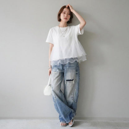 【トップス】Tシャツ 夏 シアー切替 メッシュ 立体デザイン クルーネック きれいめ 通勤 カジュアル【JZシリーズ】