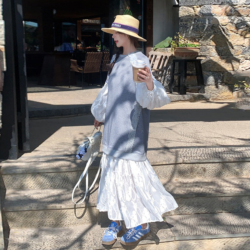 【ワンピース】韓国トレンド レース×スウェット風 長袖ワンピース 春秋 フェイクレイヤード 大人可愛い 優しげ 若見え【JZシリーズ】