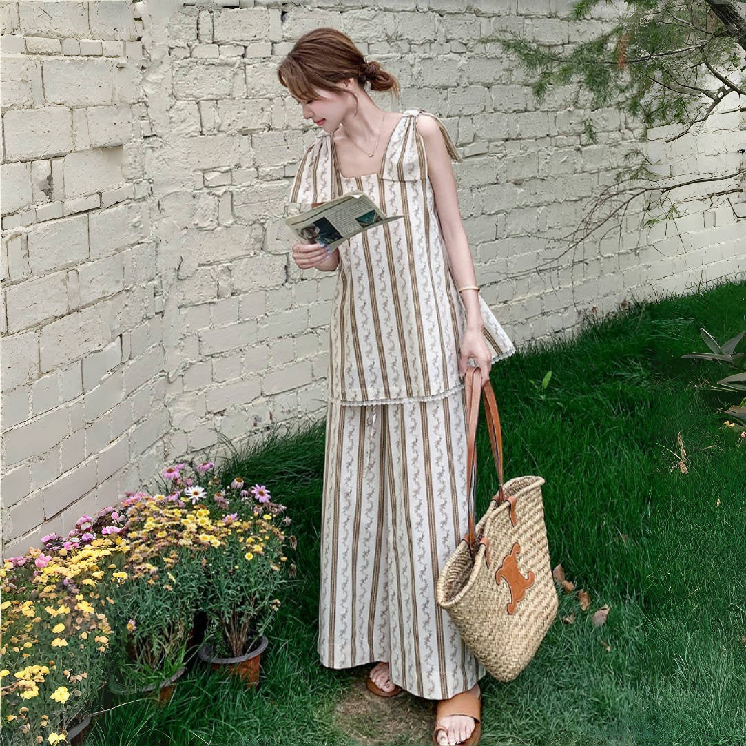 2点セット！【セットアップ】ストライプ柄キャミソール＋ワイドパンツ 上下 セットアップ 夏 フレンチリゾート風【SHシリーズ】