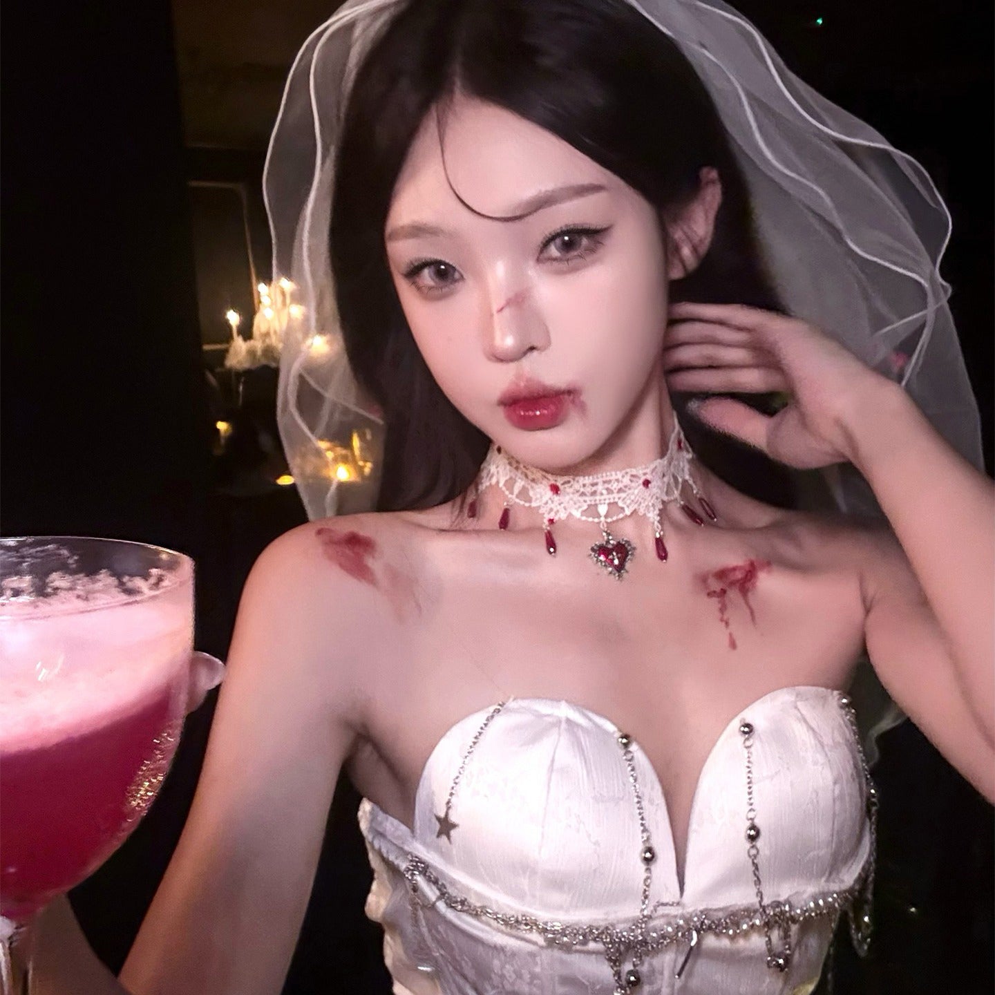 【ハロウィン】血の月の契約 ゴシック風 レースチョーカー ハートクロス ネックレス コスプレ花嫁