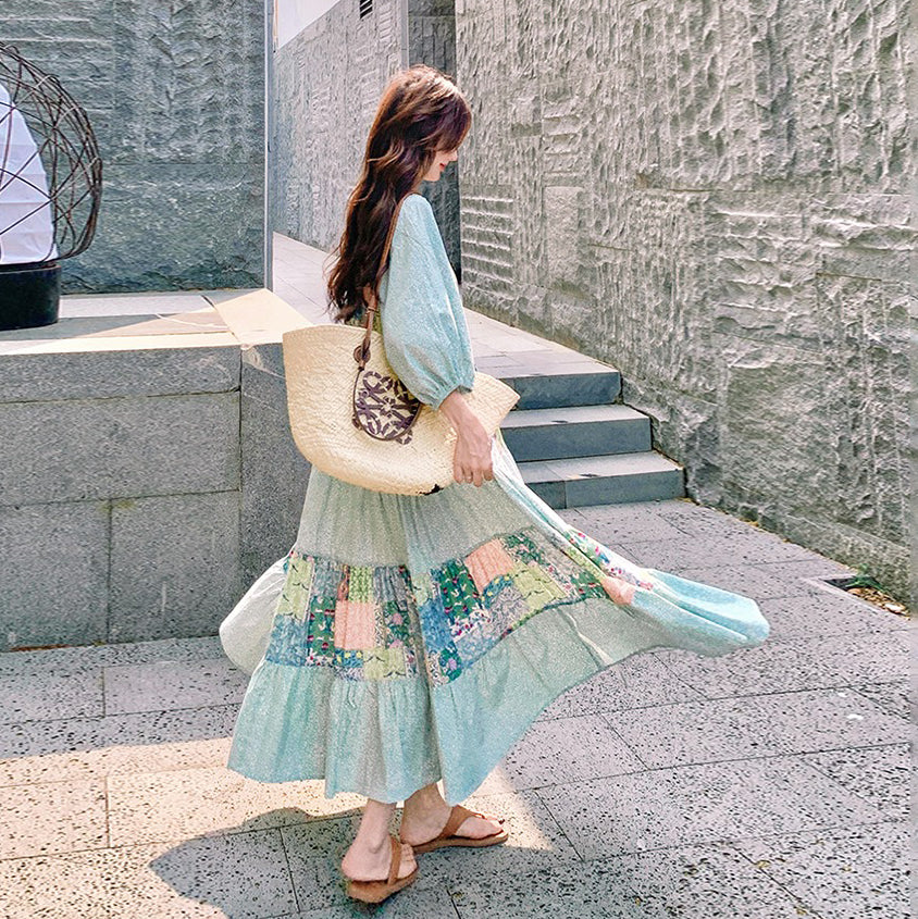 【ワンピース】森ガール風 ロマンチックグリーン切り替え 大裾Vネック 半袖ワンピース【SHシリーズ】