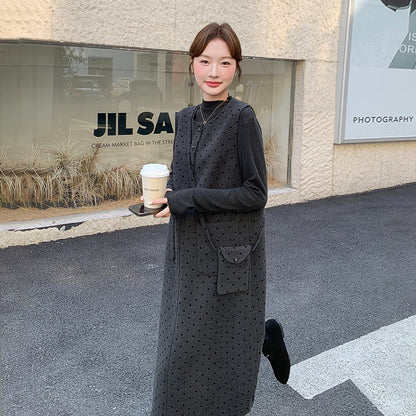 2点セット！【セットアップ】韓国風 ドット柄ウールベストワンピース＋インナートップス セット【JZシリーズ】