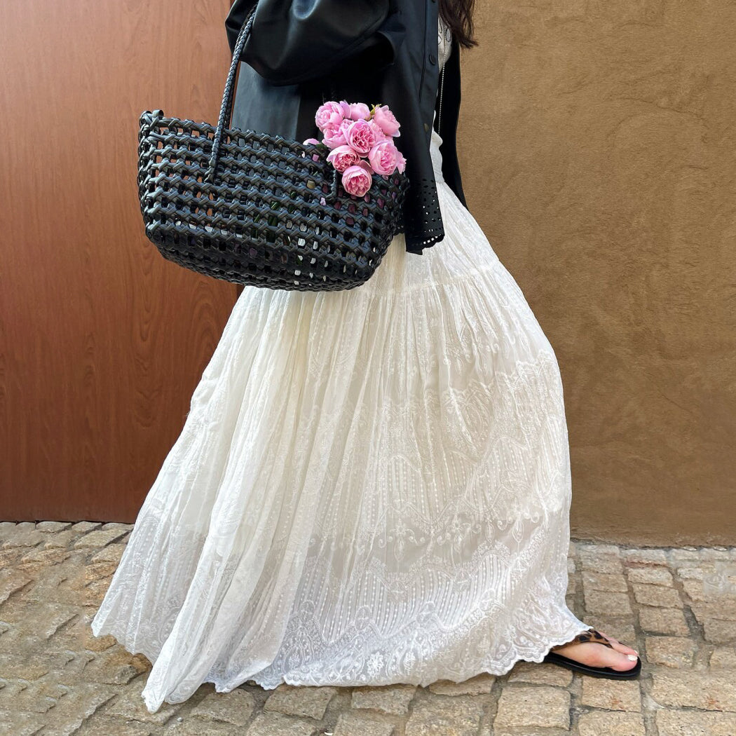 【ボトムス】春夏新作 レディース レースAラインスカート ハイウエスト ミモレ丈 体型カバー 切り替え リゾート風【JZシリーズ】