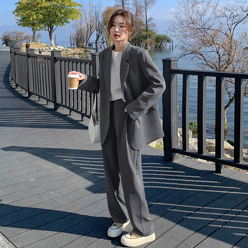 2点セット！【セットアップ】韓国風スーツセットアップ ジャケット＋ハイウエストワイドパンツ 上下セット【JZシリーズ】【SNシリーズ】