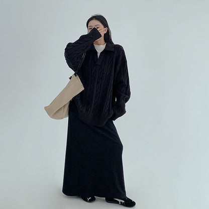 【トップス】フェイクレイヤード風 プルオーバー ニット レディース ゆったり厚手 折り襟デザイン【FCシリーズ】