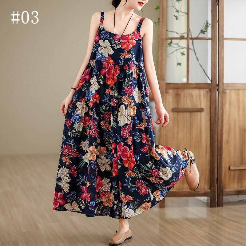 全6柄展開【ワンピース】綿麻素材 花柄キャミロングワンピース｜ゆったり大きめサイズ ノースリーブワンピース【SHシリーズ】