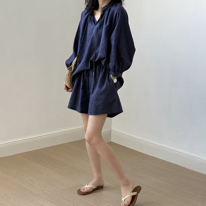 2点セット！【セットアップ】夏新作 フレンチヴィンテージ シャツ＋ワイドショートパンツ 2点上下セット【JZシリーズ】