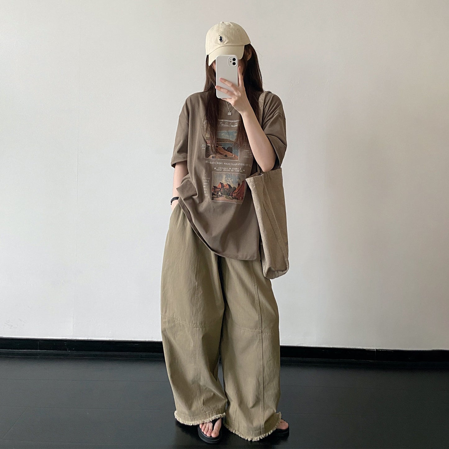 【トップス】ブラウン系 アートプリント 半袖Tシャツ コットン ゆったりシルエット ナチュラル カジュアル トップス【FCシリーズ】