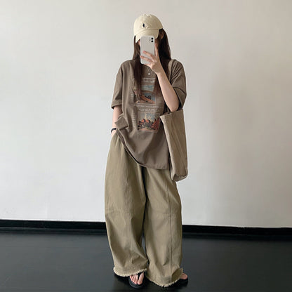 【トップス】ブラウン系 アートプリント 半袖Tシャツ コットン ゆったりシルエット ナチュラル カジュアル トップス【FCシリーズ】