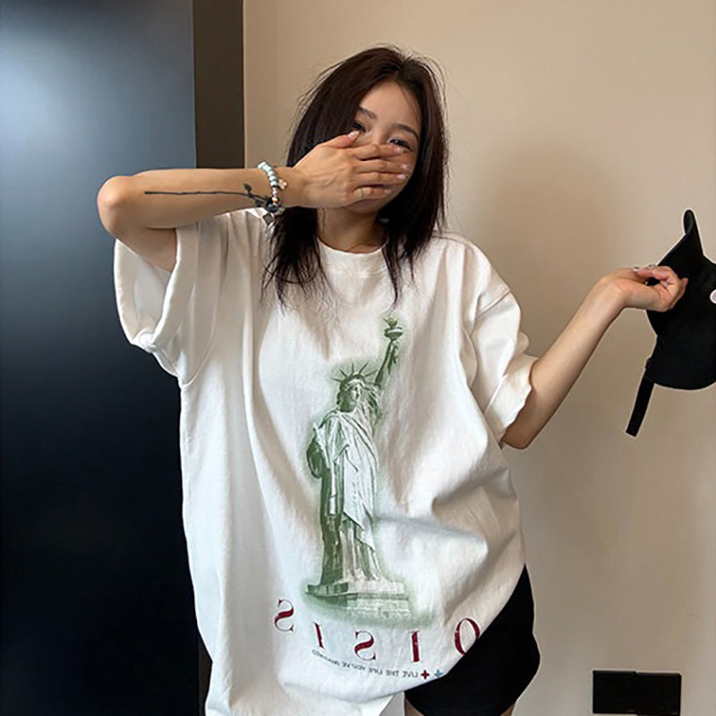 【トップス】アメリカンヴィンテージ風 プリント 半袖Tシャツ レディース 綿100％ オーバーサイズ カジュアル【FCシリーズ】