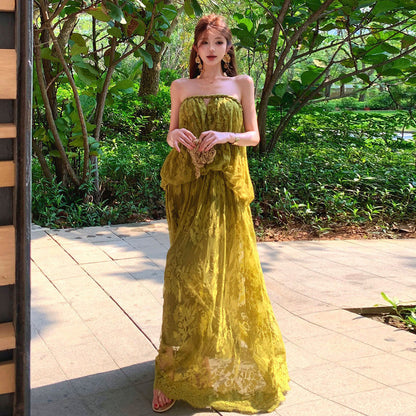 【ワンピース】フレンチ風 グリーン レースワンピース レディース 夏 オフショルダー 美シルエット 細見え ノースリーブロングドレス【SHシリーズ】