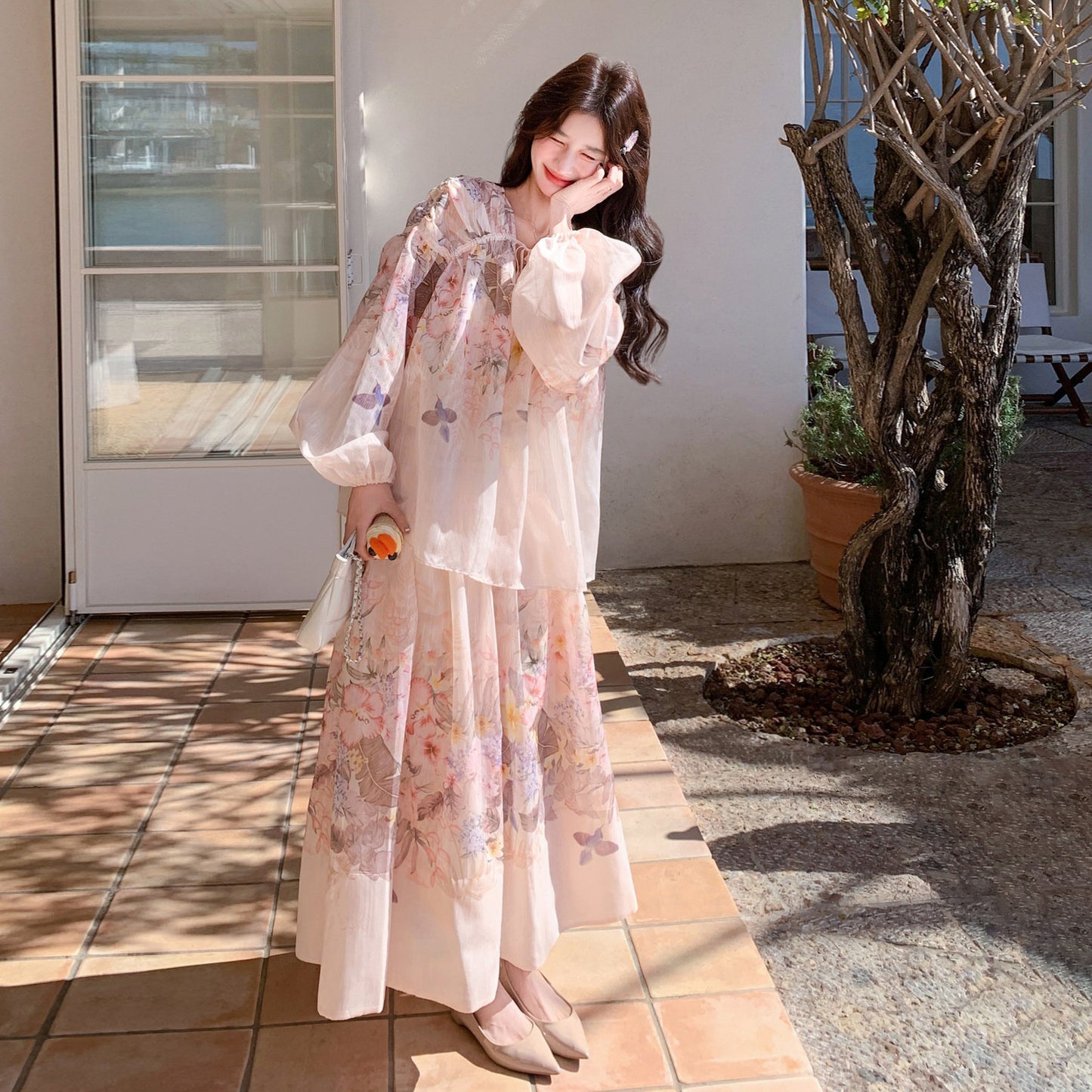 2点セット！【セットアップ】リゾートバタフライプリント 2点セット レディース パフスリーブ UVカットシャツ + ハイウエスト フレアスカート 夏 セットアップ【SHシリーズ】