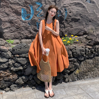 【ワンピース】リゾートワンピース ノースリーブ オレンジカラー ゆったりシルエット 上品 夏 海辺 ビーチコーデ【JZシリーズ】