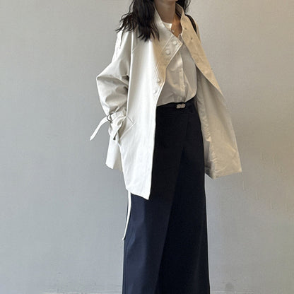 【アウター】ブリティッシュスタイル スタンドカラー トレンチコート レディース 秋 ゆったり カジュアル ベルト付きウエストマーク ショートコート【JZシリーズ】