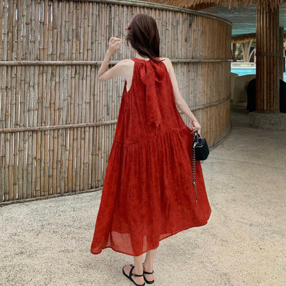 【ワンピース】夏新作 レッド ジャガード ホルターネック ワンピース オリエンタル レトロ 海辺 リゾート ロング丈【SHシリーズ】