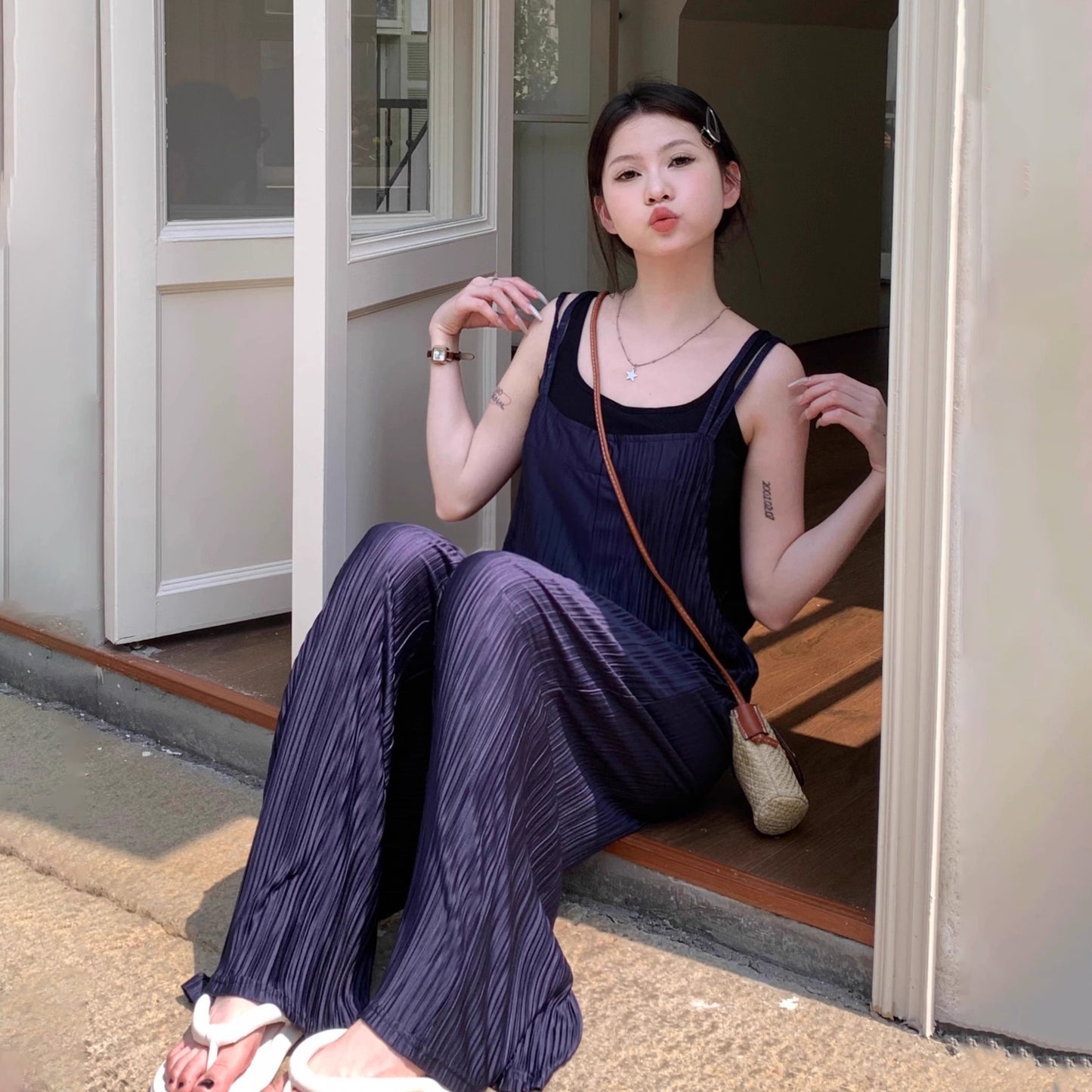 【ボトムス】夏 ヴィンテージ風タック入り ダブルストラップ ワイドサロペット オールインワン