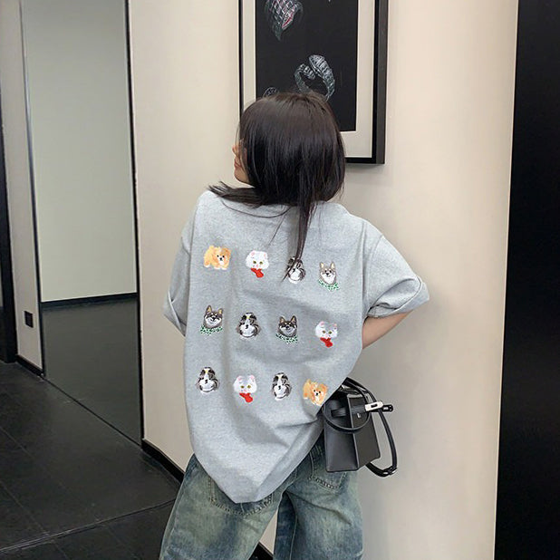 【トップス】レトロカジュアル ドッグ刺繍Tシャツ コットン半袖 オーバーサイズ ゆるっとシルエット リラックス感【FCシリーズ】