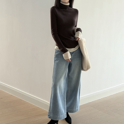 【ボトムス】ベルト付き！韓国風 ハイウエスト 裏起毛 ストレートデニムパンツ 冬 新作 ゆったりワイド カジュアル 【JZシリーズ】