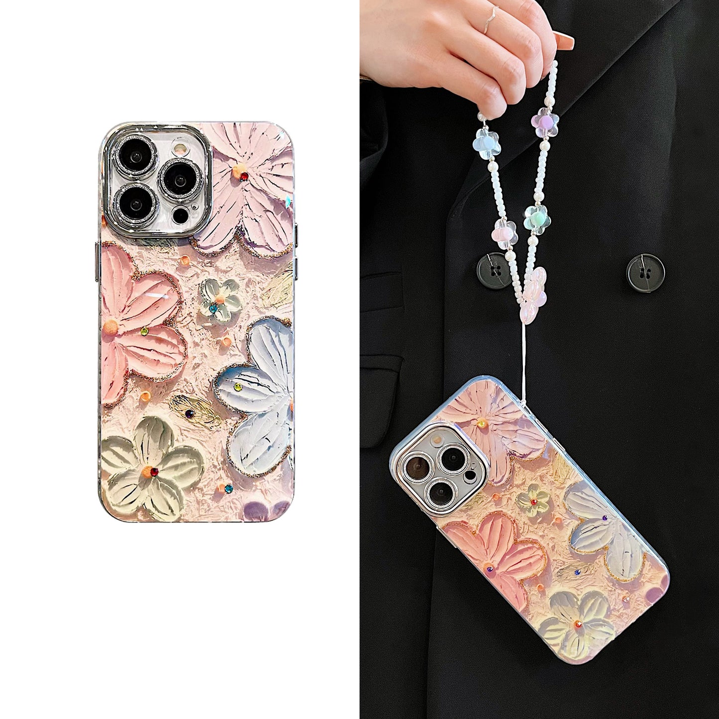 【グッズ】iPhone 16 Pro Max / 15 Pro / 13 / 13 PM  用 ブルーライトカット 油絵フラワー 韓国風 レディース 全面保護 レンズカバー付き 高級感 ストラップ付き 新作 スマホケース