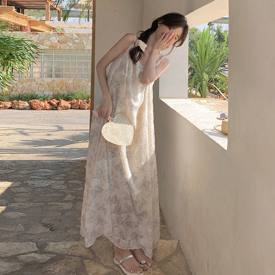 【ワンピース】夏新作 レース刺繍＆バタフライプリント ノースリーブキャミソールワンピース 気質漂うエレガントロングドレス【SHシリーズ】