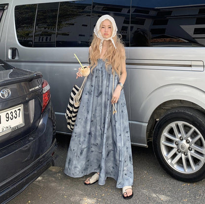 【ワンピース】夏新作 アート水墨画デザイン ゆったりカジュアル リラックスシルエット ノースリーブキャミワンピース【SHシリーズ】