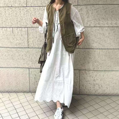 【ワンピース】長袖Vネック 刺繍入り ティアード裾 Aライン ゆったりワンピース