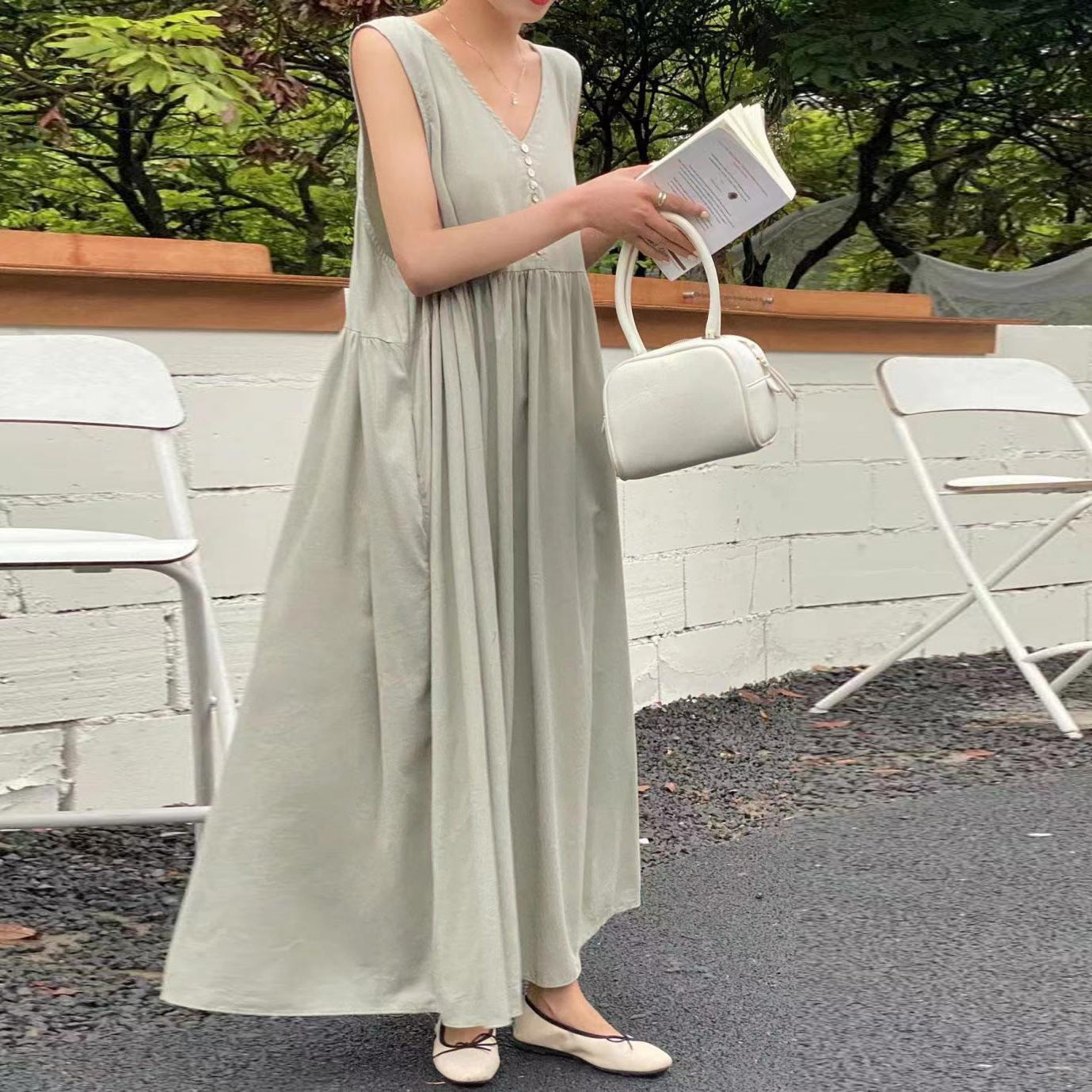 【ワンピース】4カラー 韓国風 春夏用 フレンチレトロ ノースリーブ ゆったりワンピース