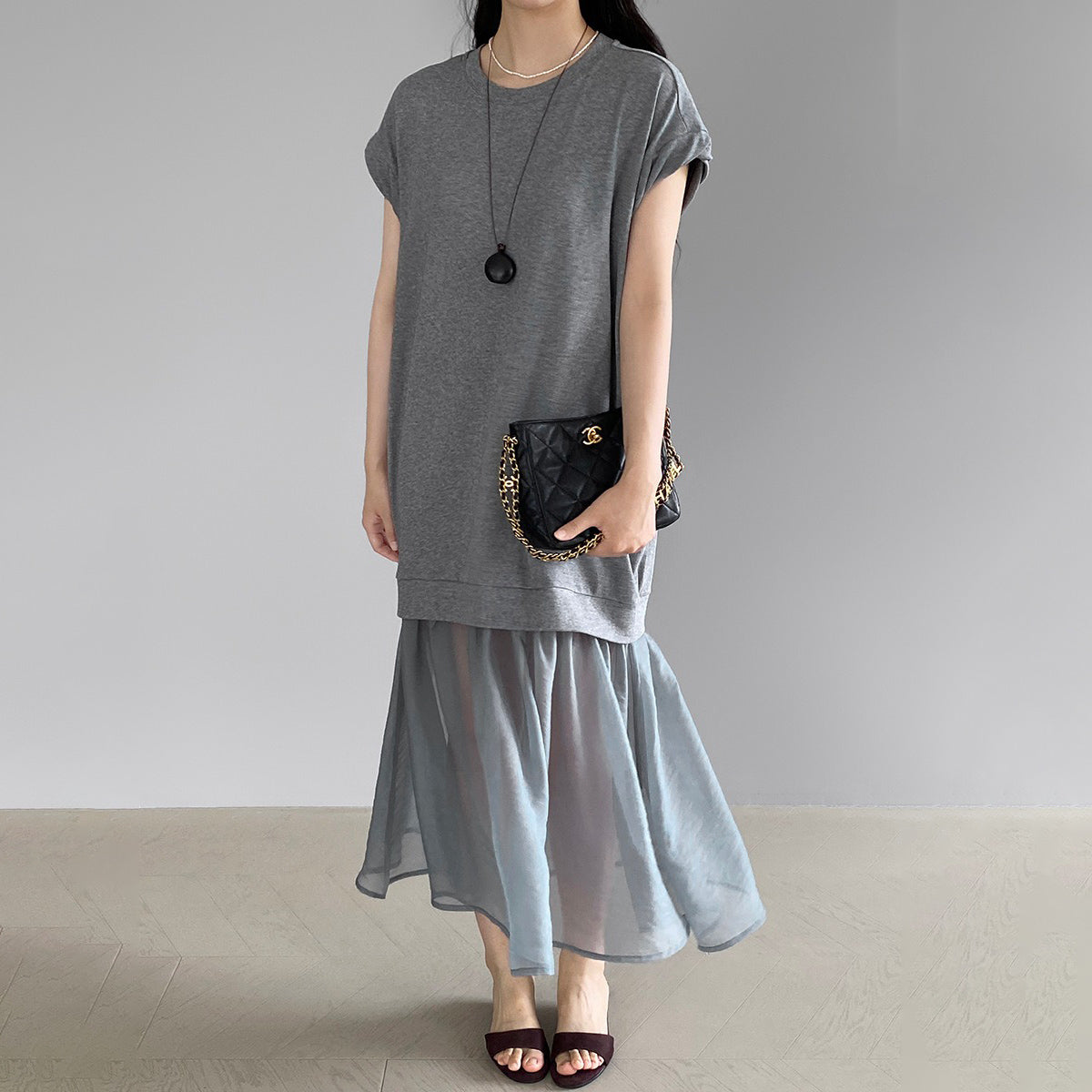 【ワンピース】カジュアル 夏 高級感 韓国風 フェイクツーイン ゆったり半袖Tシャツワンピース【JZシリーズ】