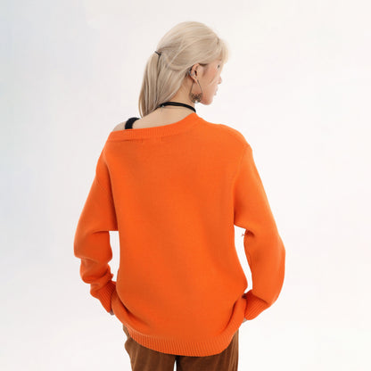 【トップス】アメリカンカジュアル 猫刺繍 オフショルダーニット 秋冬 オレンジ ゆったり レイジー感 セーター【FCシリーズ】