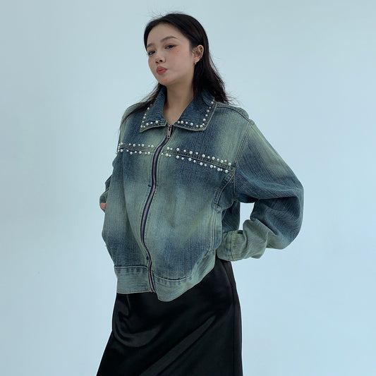 【アウター】春 秋 ビーズ付き ショート丈 ヴィンテージ加工 デニム ジャケット 【FCシリーズ】