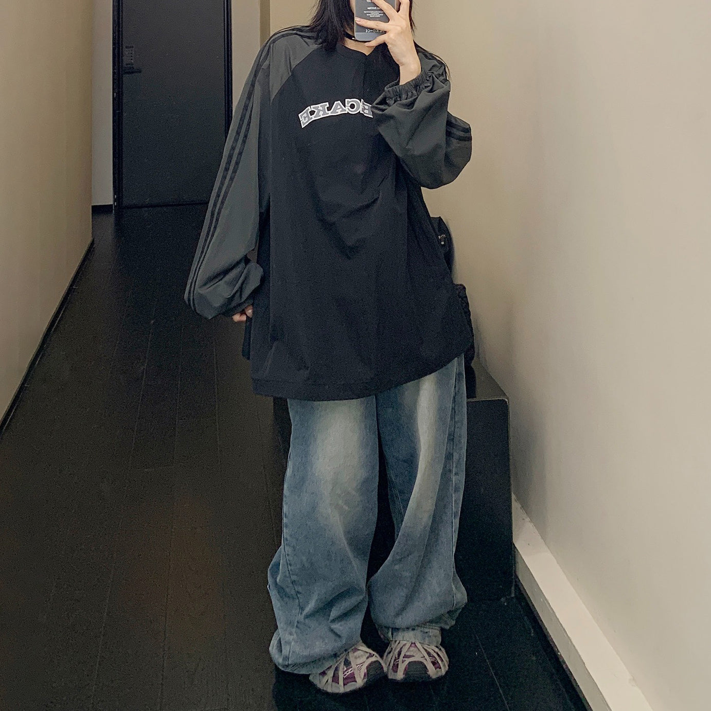 【24AW】【トップス】Oversize レトロ ルーズ コントラストカラー ス 切り替え 長袖 Tシャツ 【FCシリーズ】