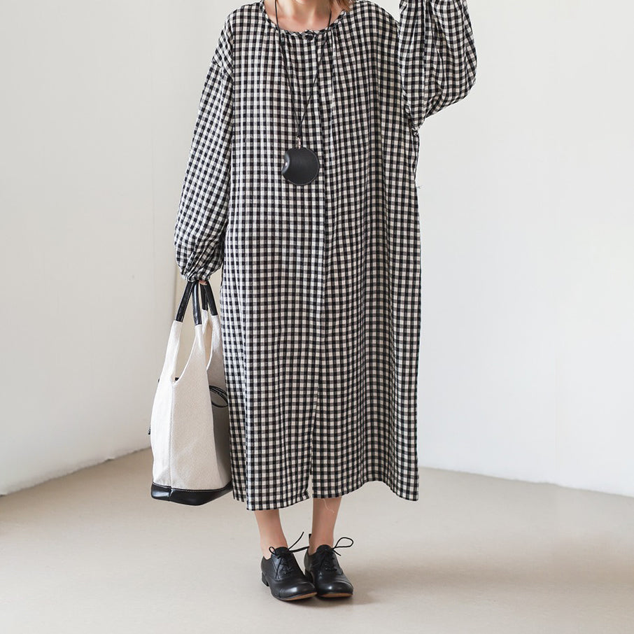 【24AW】【15～20日内発送】【ワンピース】レトロ チェック柄 大きいサイズ ゆったり 長袖ワンピース