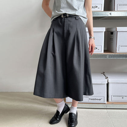【ボトムス】夏新作・日系カジュアルスーツ風タック入りワイドハーフパンツ（8分丈・通勤にも）【SNシリーズ】