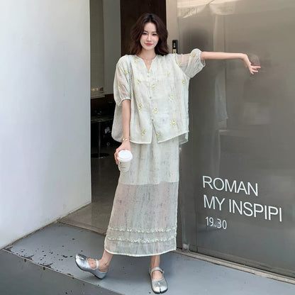 2点セット！【セットアップ】フェミニン 刺繍上下セット レディース 夏 ブラウス×スカート きれいめ 上品【SHシリーズ】