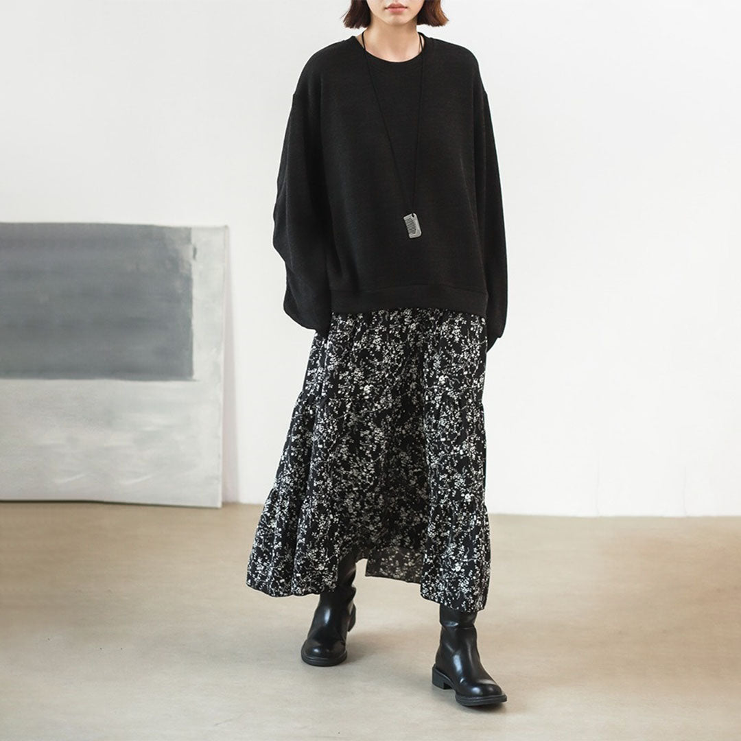 【24AW】【10～15日内発送】【ワンピース】カジュアル  ゆったり 花柄 フェイクレイヤード 長袖ワンピース