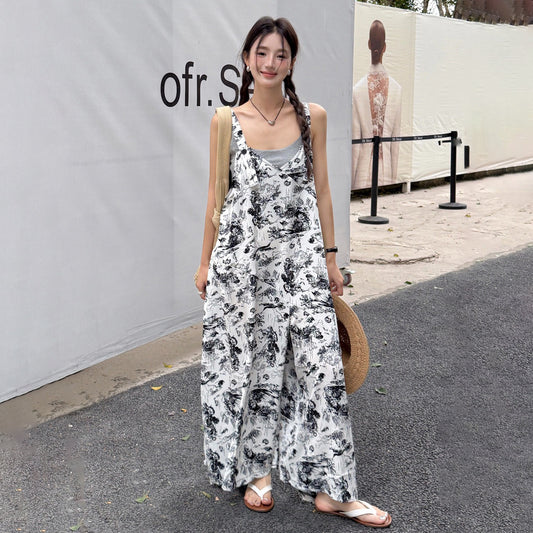 【ボトムス】水墨画風プリント 夏新作  ゆったりシルエット レトロ オールインワン【SHシリーズ】