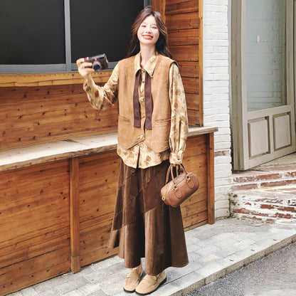 3点セット！【セットアップ 】春新作メラードスエードベスト＋レトロプリントシャツ＋スカート 上下セット 文芸風コーデ【SHシリーズ】