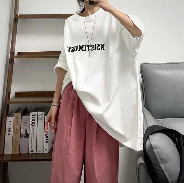 【トップス】シンプル コットン 五分袖 ゆったり ロング Tシャツ