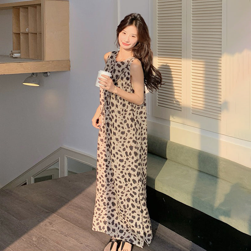 【ワンピース】大人可愛い ヒョウ柄 ノースリーブワンピース 夏 タンクトップ風 ロング丈【SHシリーズ】