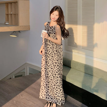 【ワンピース】大人可愛い ヒョウ柄 ノースリーブワンピース 夏 タンクトップ風 ロング丈【SHシリーズ】