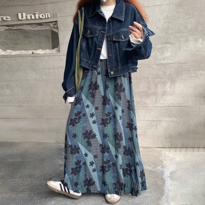 【ボトムス】レトロ配色 花柄プリント スカート ハイウエスト 秋新作 カジュアル フェミニン【SHシリーズ】