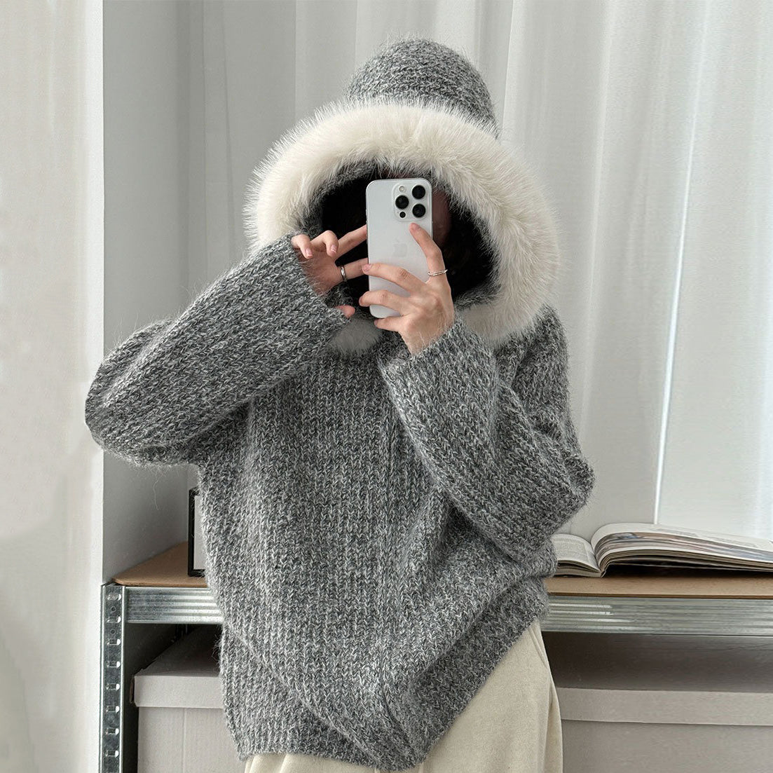 【アウター】ニットカーディガン レディース 秋冬 ふんわり 取り外し可能ファー付き【JZシリーズ】