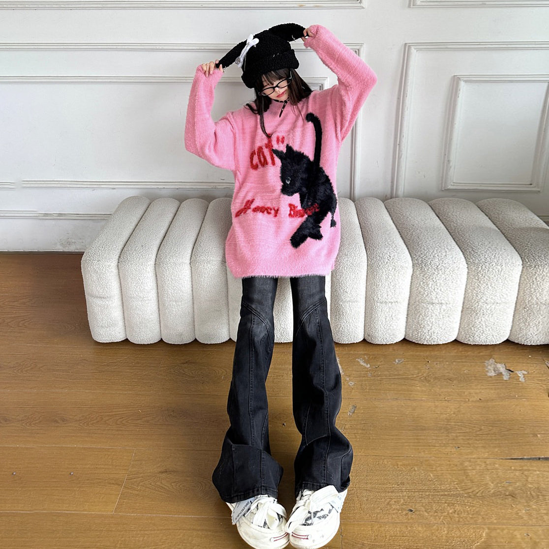 【トップス】猫モチーフニット 秋冬 ユニセックス ゆったり Y2K カップル対応【FCシリーズ】