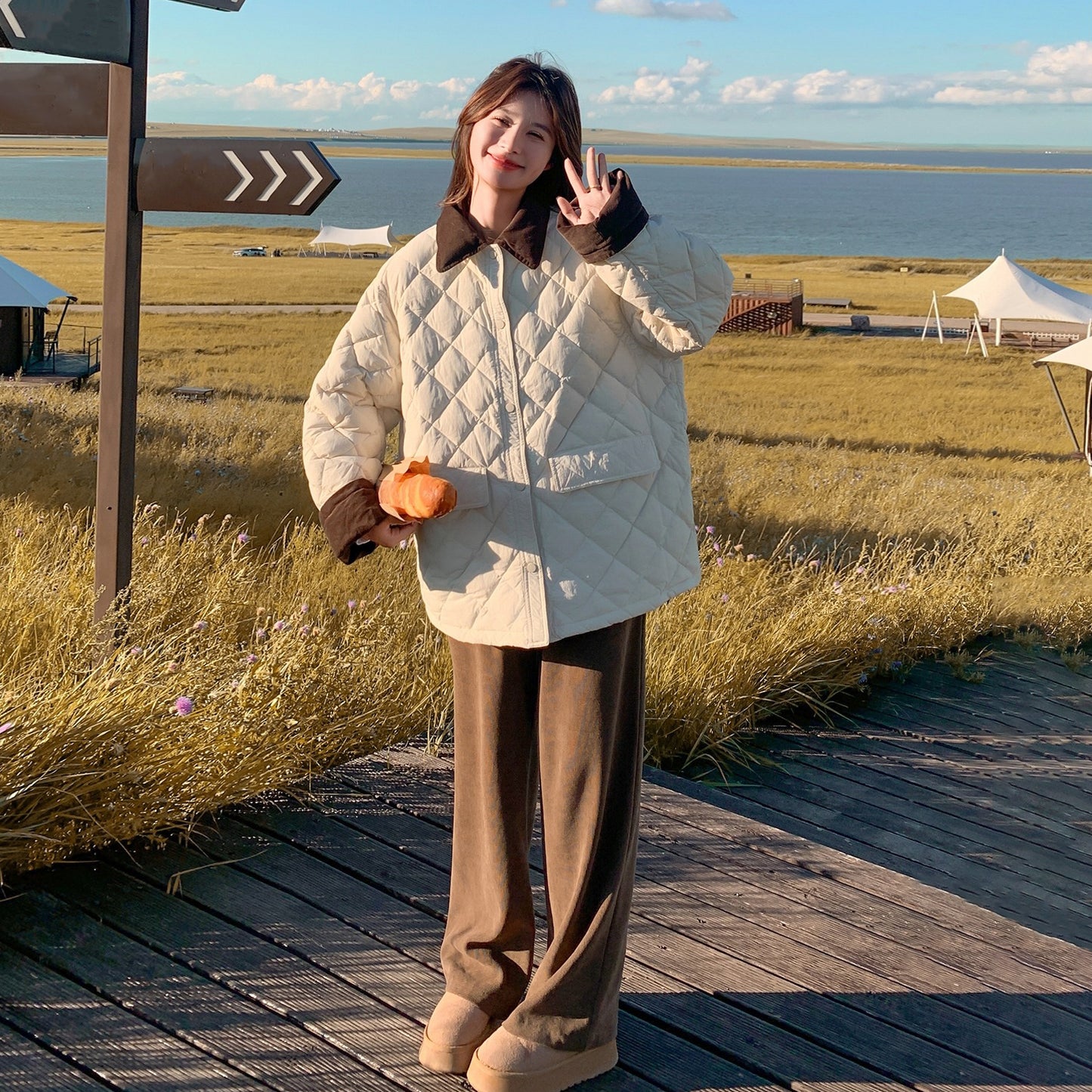 【アウター】バイカラー＆大きめポケット🎵 上品 中綿コート レディース 秋冬 韓国風 綿入れコート【JZシリーズ】