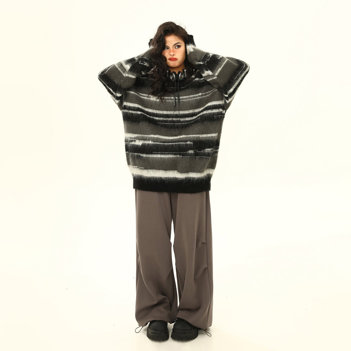 【トップス】秋冬 ヴィンテージ モヘア風ボーダーニット レディース ゆったり抜け感 ペアセーター【FCシリーズ】