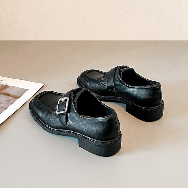 【シューズ】スクエアトゥ ベルトバックル 新作 太ヒール 学院風 ローファー ラクラク着用 シューズ お靴  パンプス